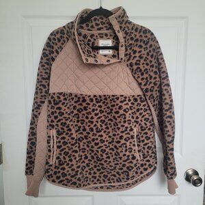 Abercrombie and Fitch Brown Leopard Print Asymmetrical Snap Up Fleece pullover